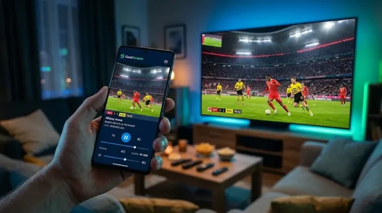 Un téléphone qui diffuse un match de football en direct sur l'équipe dans un salon moderne