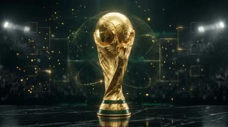 Trophée officiel de la FIFA avec tableau de tournoi pour le tirage au sort Coupe du Monde 2026