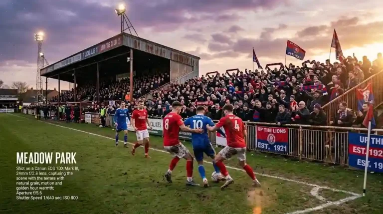 Action de jeu lors d'un match de football à Meadow Park impactant le classement championnat national de football