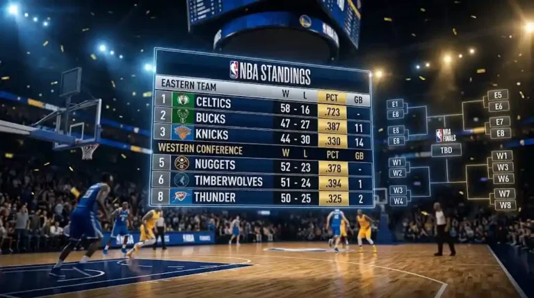 Tableau du classement NBA affichant les victoires, défaites et écarts de matchs avec un terrain de basket en arrière-plan