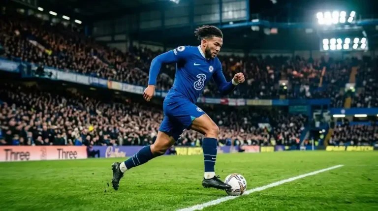 Malo Gusto sprintant sur le côté droit maillot bleu Chelsea terrain