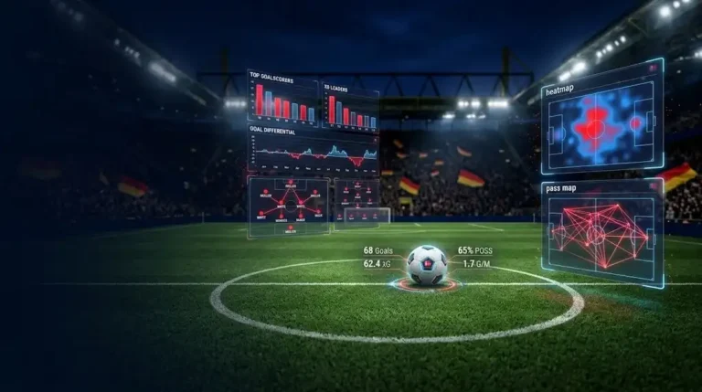 Analyse visuelle complète des statistiques de bundesliga avec cartes de chaleur, réseau de passes, possession et buts attendus sur le terrain.