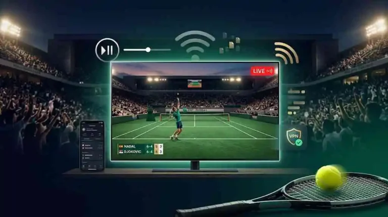 Téléviseur moderne affichant un match de tennis en direct sur terre battue verte, avec scores en direct, signaux de streaming et VPN.