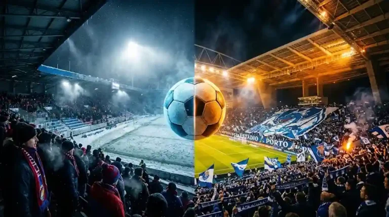 Visual pour le match viktoria plzen porto montrant la Doosan Arena enneigée de Viktoria Plzen et l'Estádio do Dragão du FC Porto séparés par un ballon de football glacé et enflammé.
